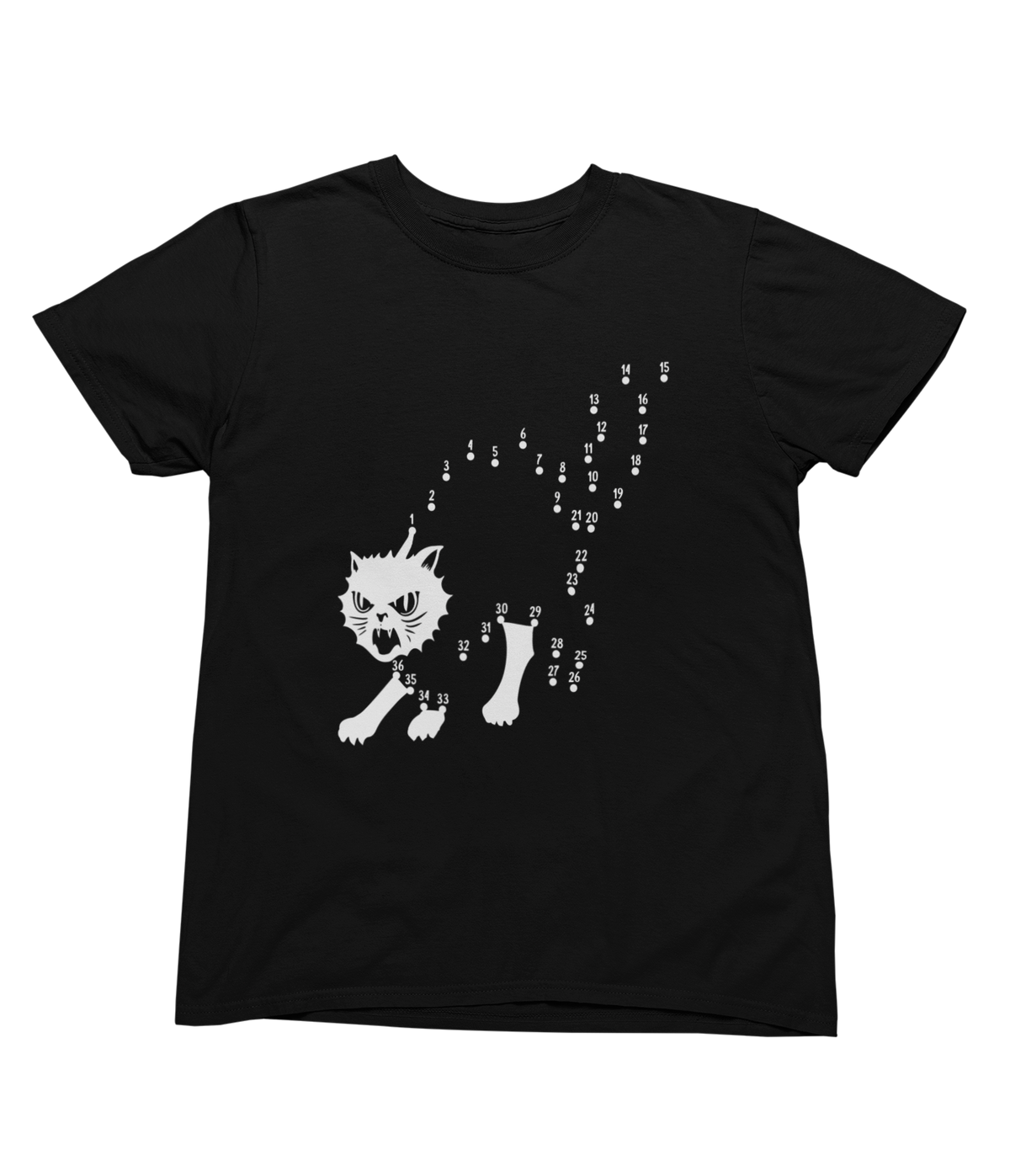 A black short-sleeve crewneck toddler t-shirt featuring a white graphic of a connect-the-dot Halloween cat.