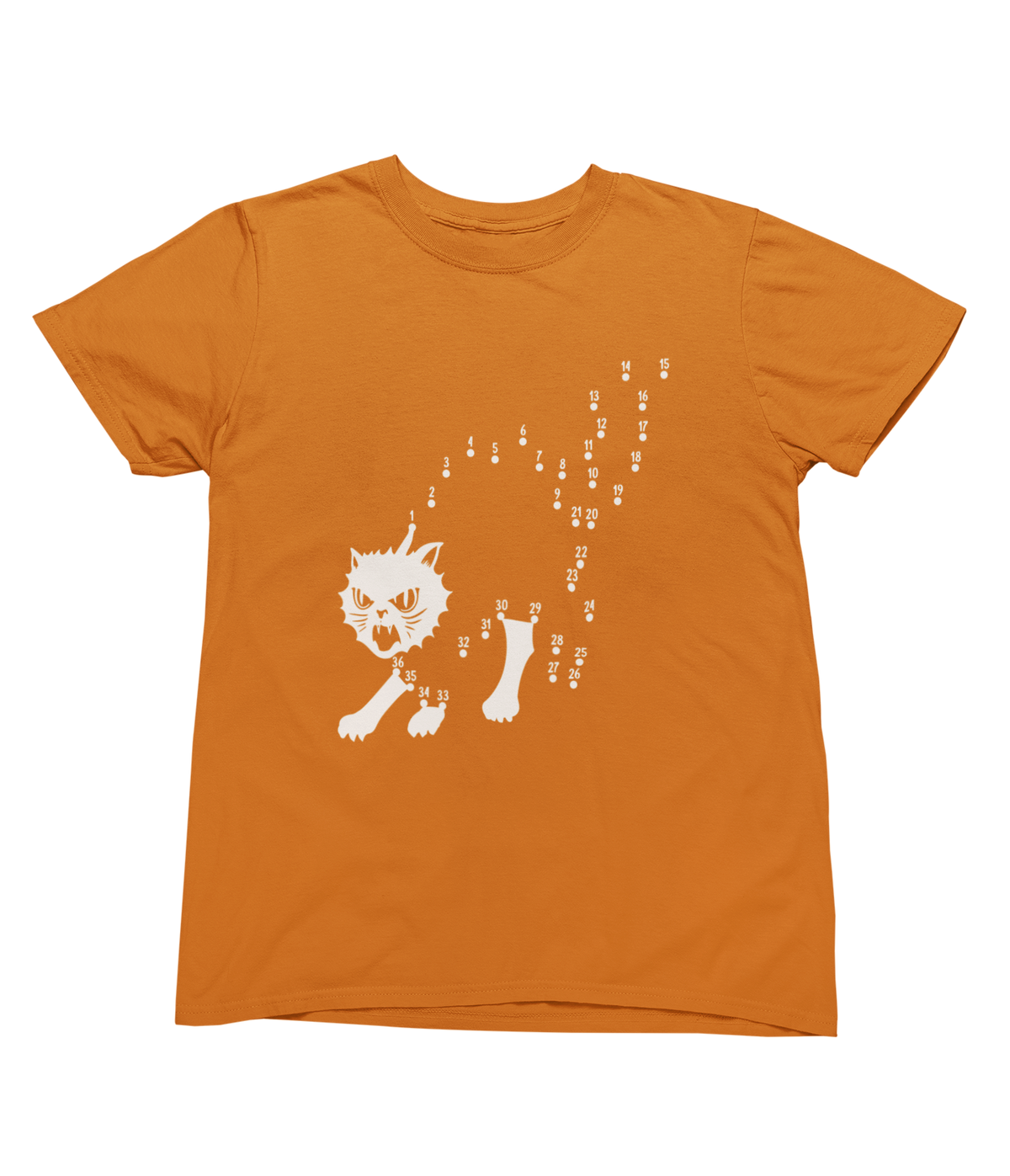 An orange short-sleeve crewneck toddler tee featuring a white graphic of a connect-the-dot Halloween cat.
