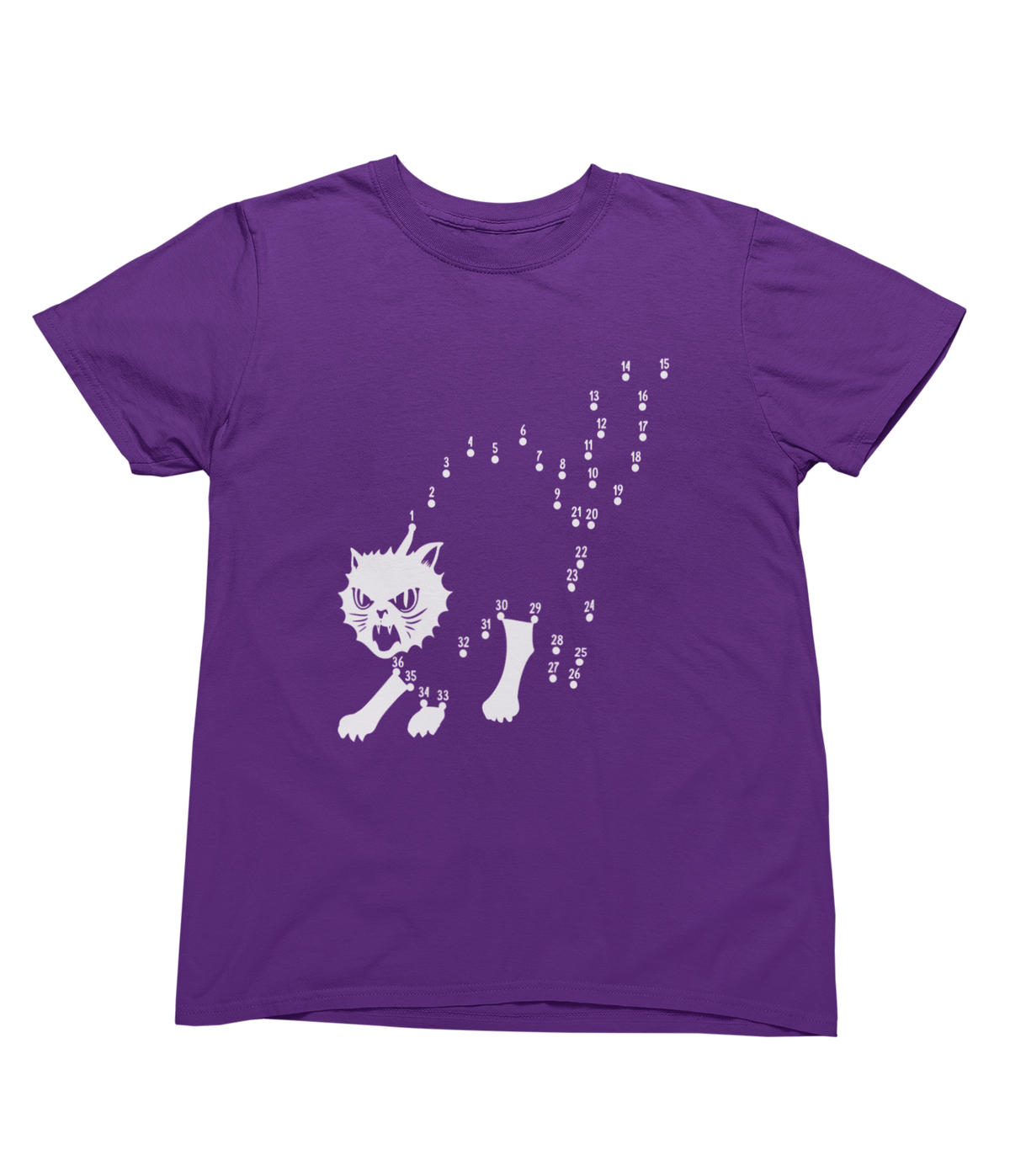A purple short-sleeve Halloween toddler t-shirt featuring a white graphic of a connect-the-dot scary cat.