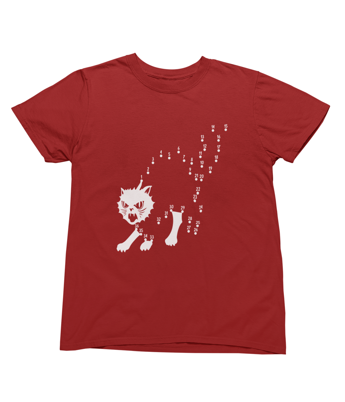 A red short-sleeve Halloween toddler t-shirt featuring a white graphic of a connect-the-dot scary cat.
