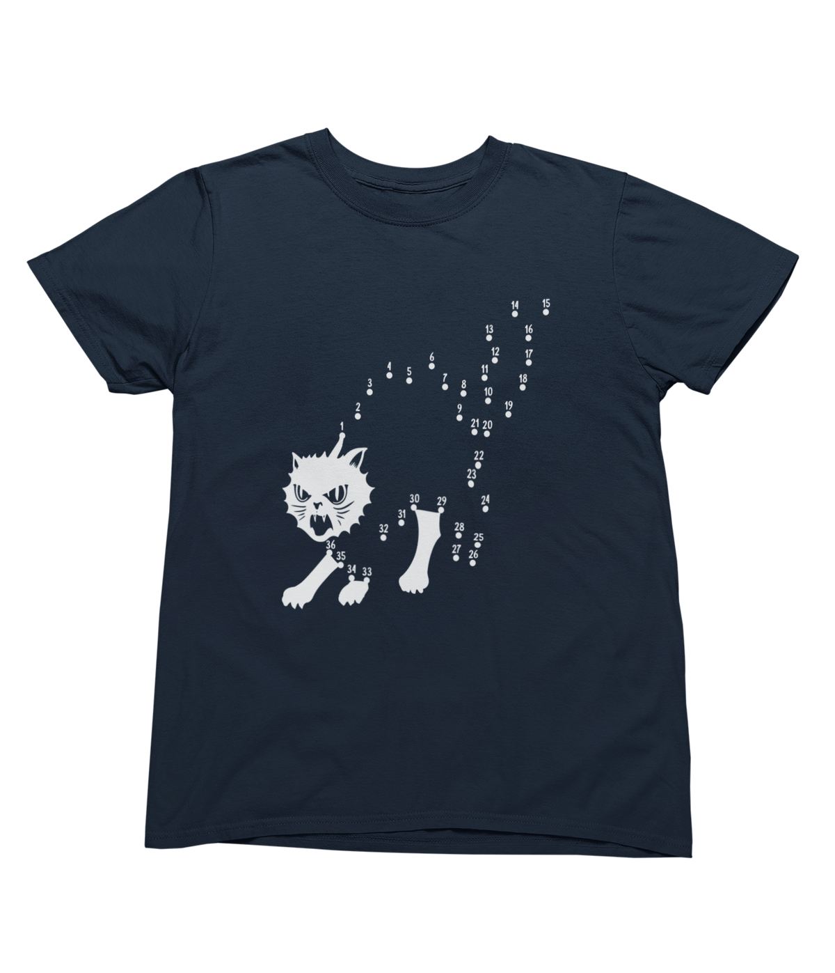 A navy blue short-sleeve crewneck t-shirt featuring a white graphic of a cat composed of footprints, displayed on a solid white background.
