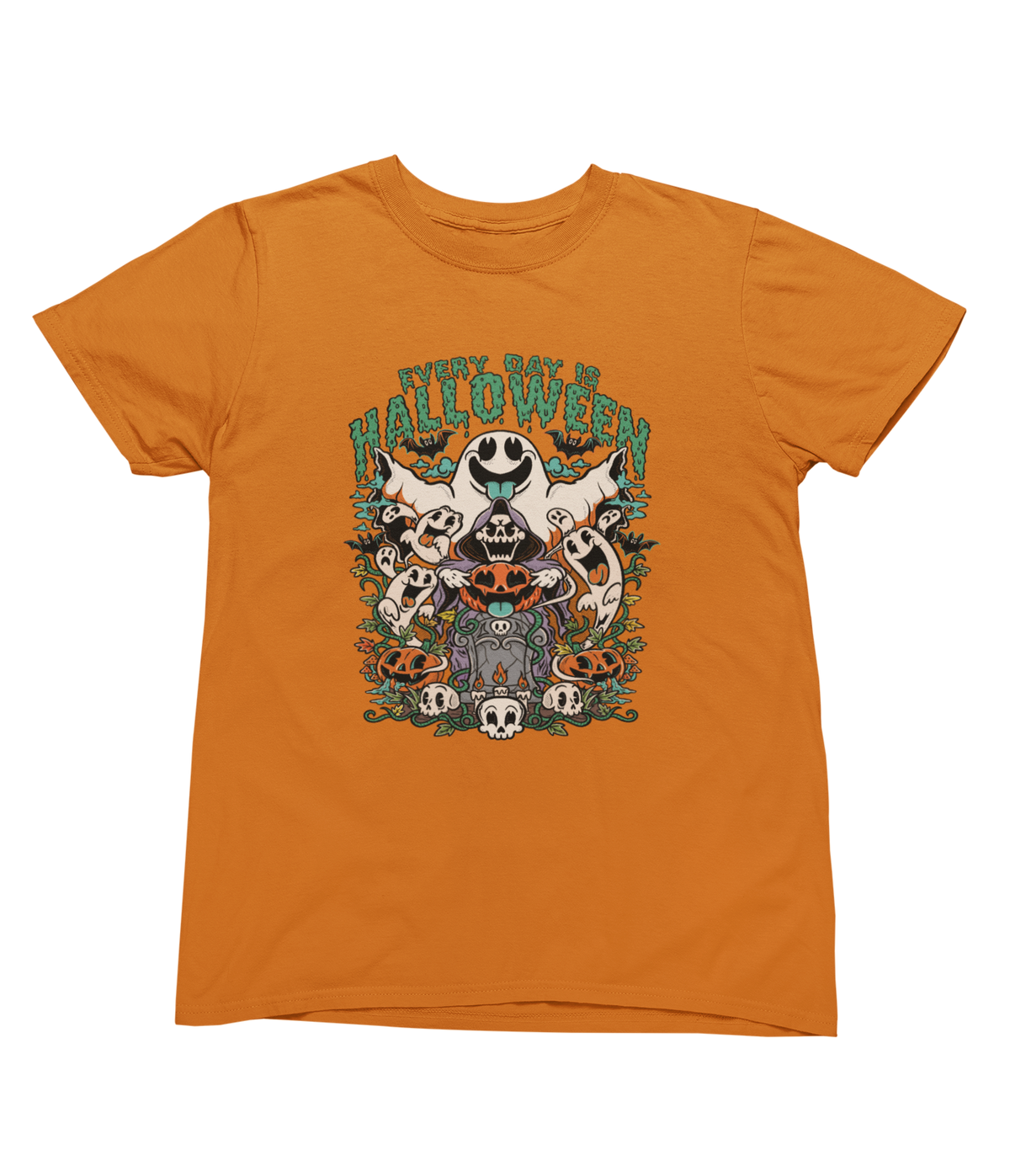 An orange short-sleeve toddler crewneck tee featuring a colorful Halloween graphic on the front with the text &