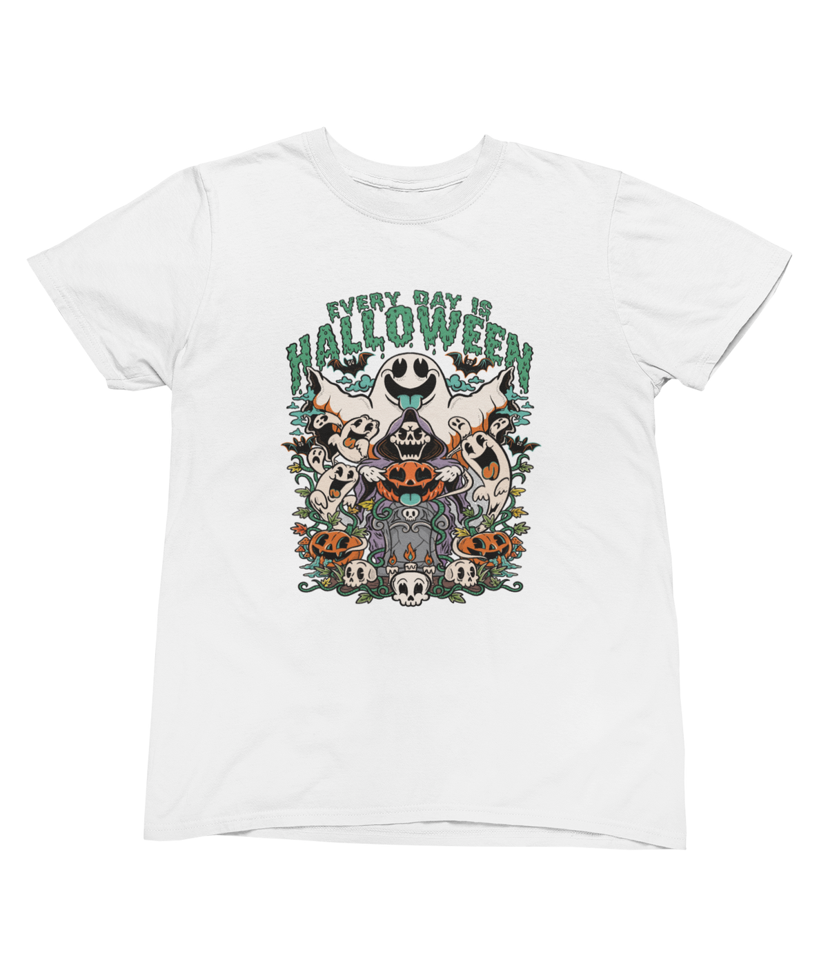 A white short-sleeve Halloween toddler tee featuring a colorful graphic with the text &