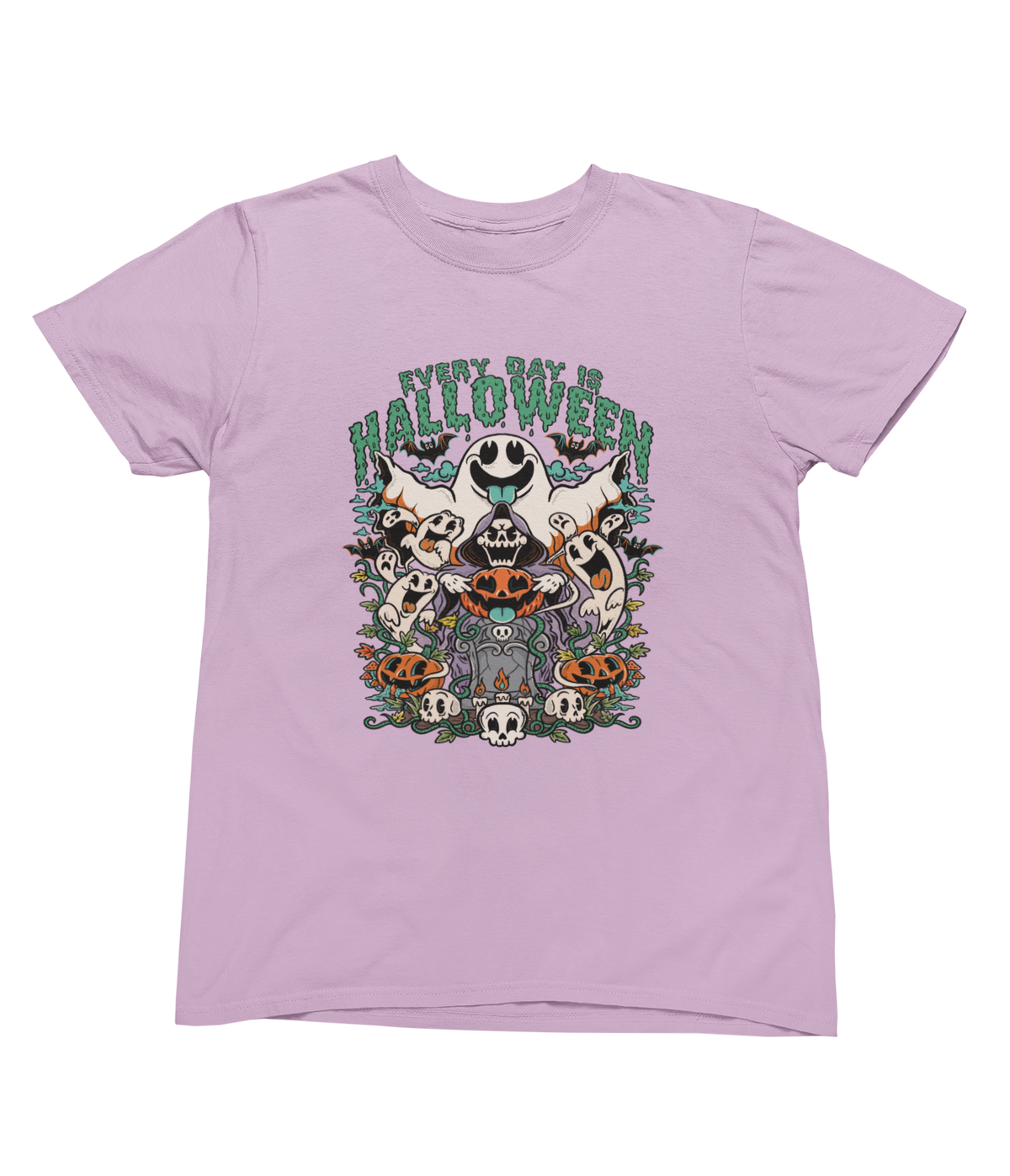 A pink short-sleeve toddler Halloween tee featuring a colorful graphic with the text &