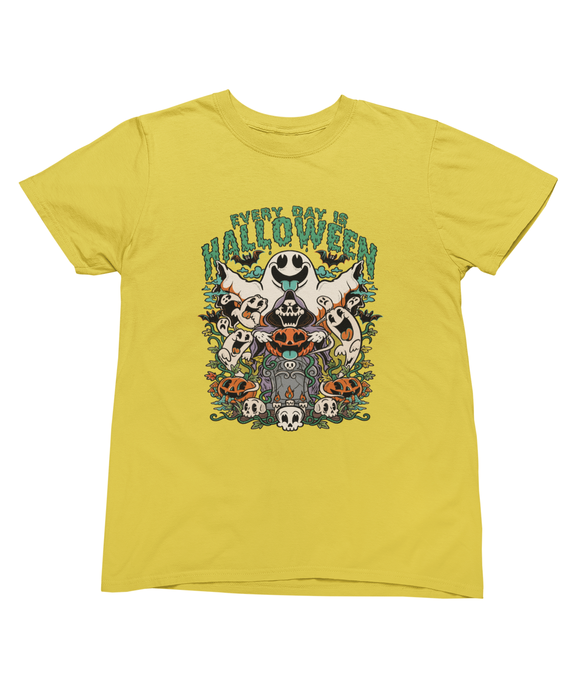 A yellow short-sleeve toddler crewneck t-shirt featuring a colorful Halloween graphic with the text &
