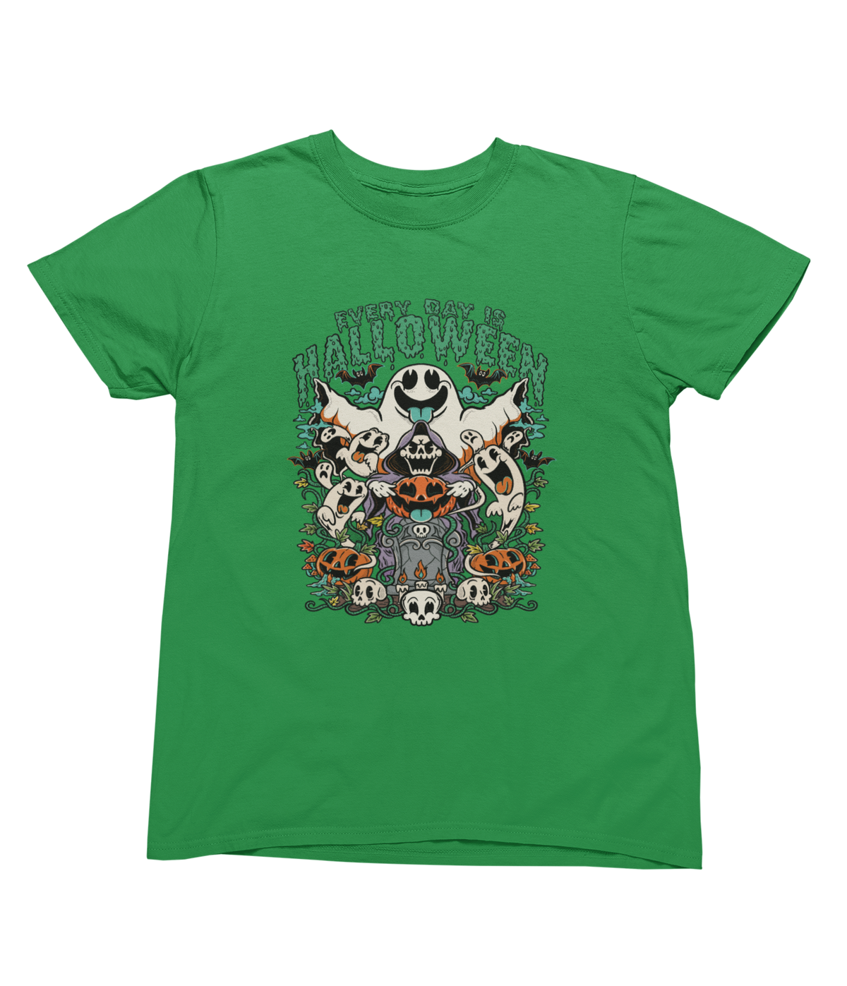 A green short-sleeve toddler Halloween tee featuring a colorful graphic with the text &