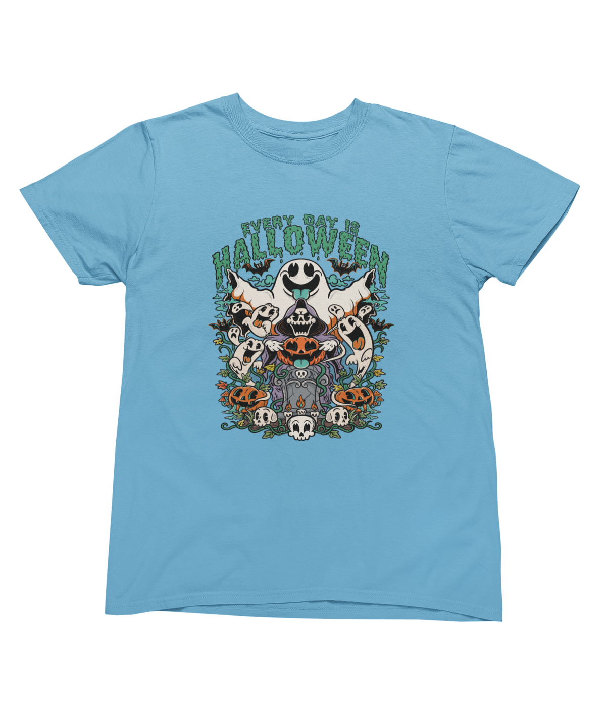 A light blue short-sleeve toddler Halloween tee featuring a colorful graphic with the text &