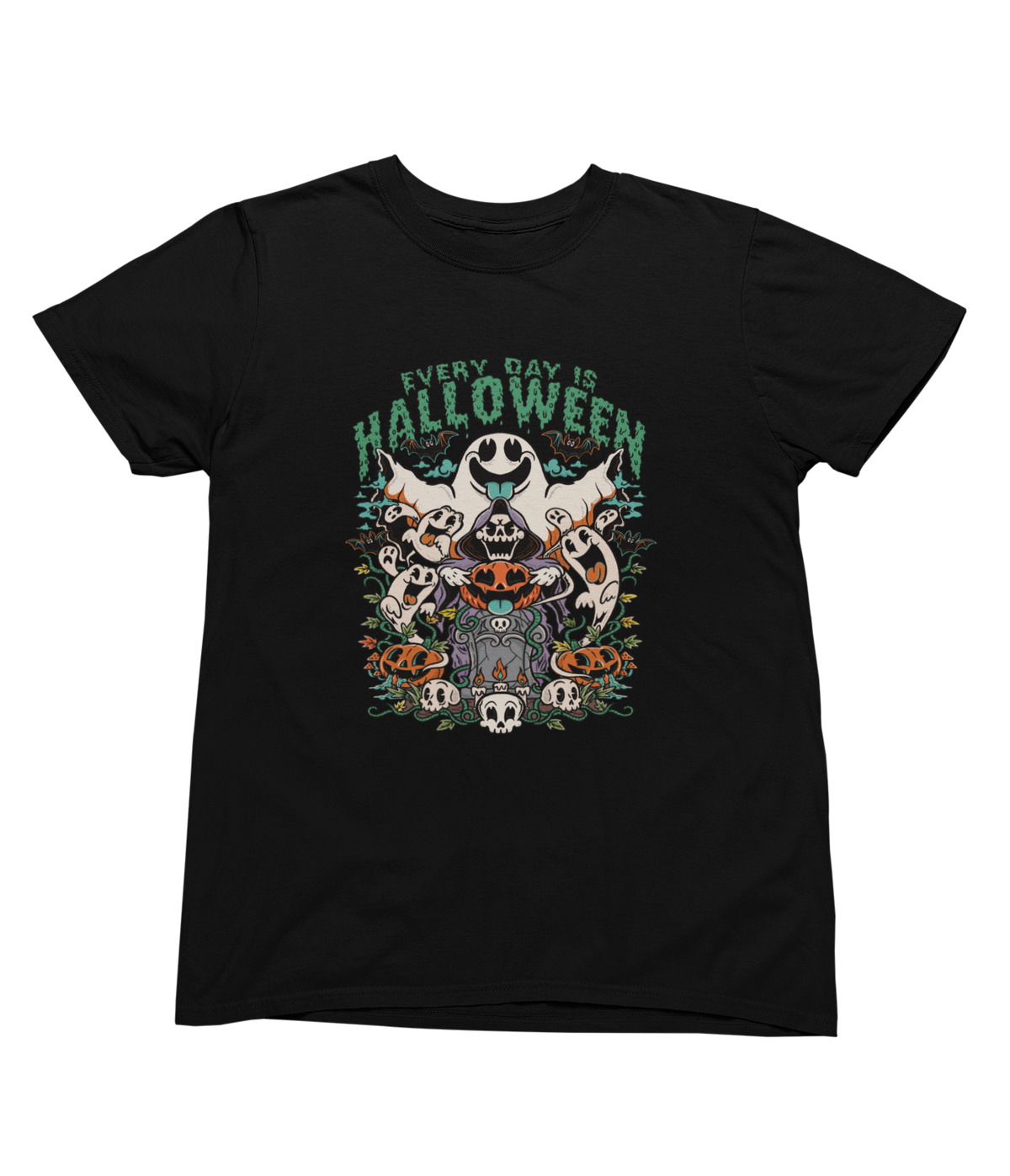 A black short-sleeve toddler crewneck t-shirt featuring a colorful Halloween graphic on the front with the text &