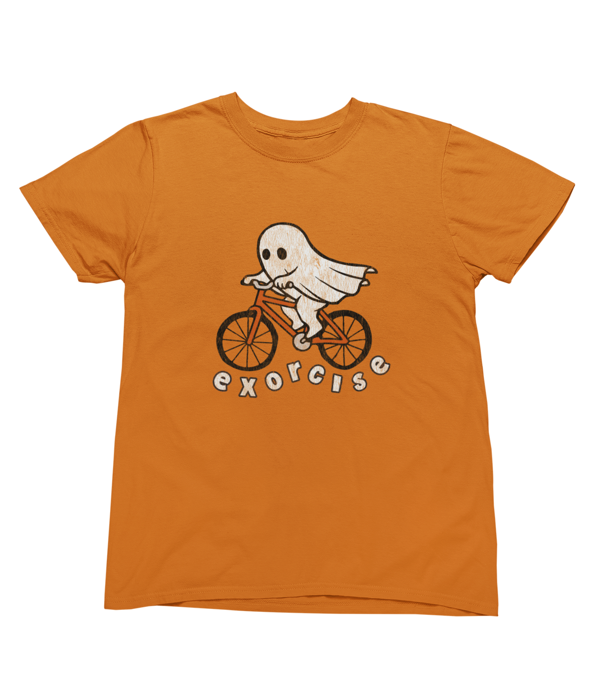 An orange short-sleeved toddler t-shirt with a graphic of a white ghost riding an orange bicycle with the phrase Exorcise, for Halloween.