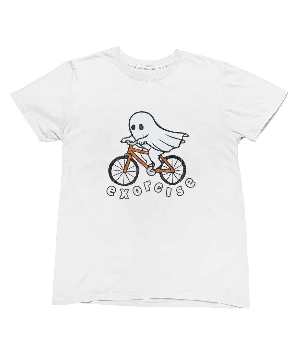A white short sleeve toddler tee with a graphic of a white ghost riding an orange bike for Halloween with the phrase Exorcise.