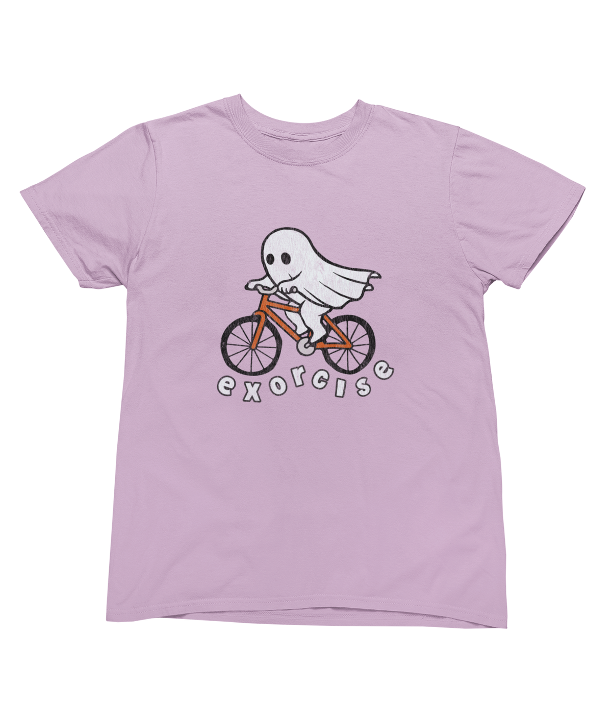 A pink short sleeve toddler t-shirt with a graphic of a white ghost riding an orange bike for Halloween with the phrase Exorcise.