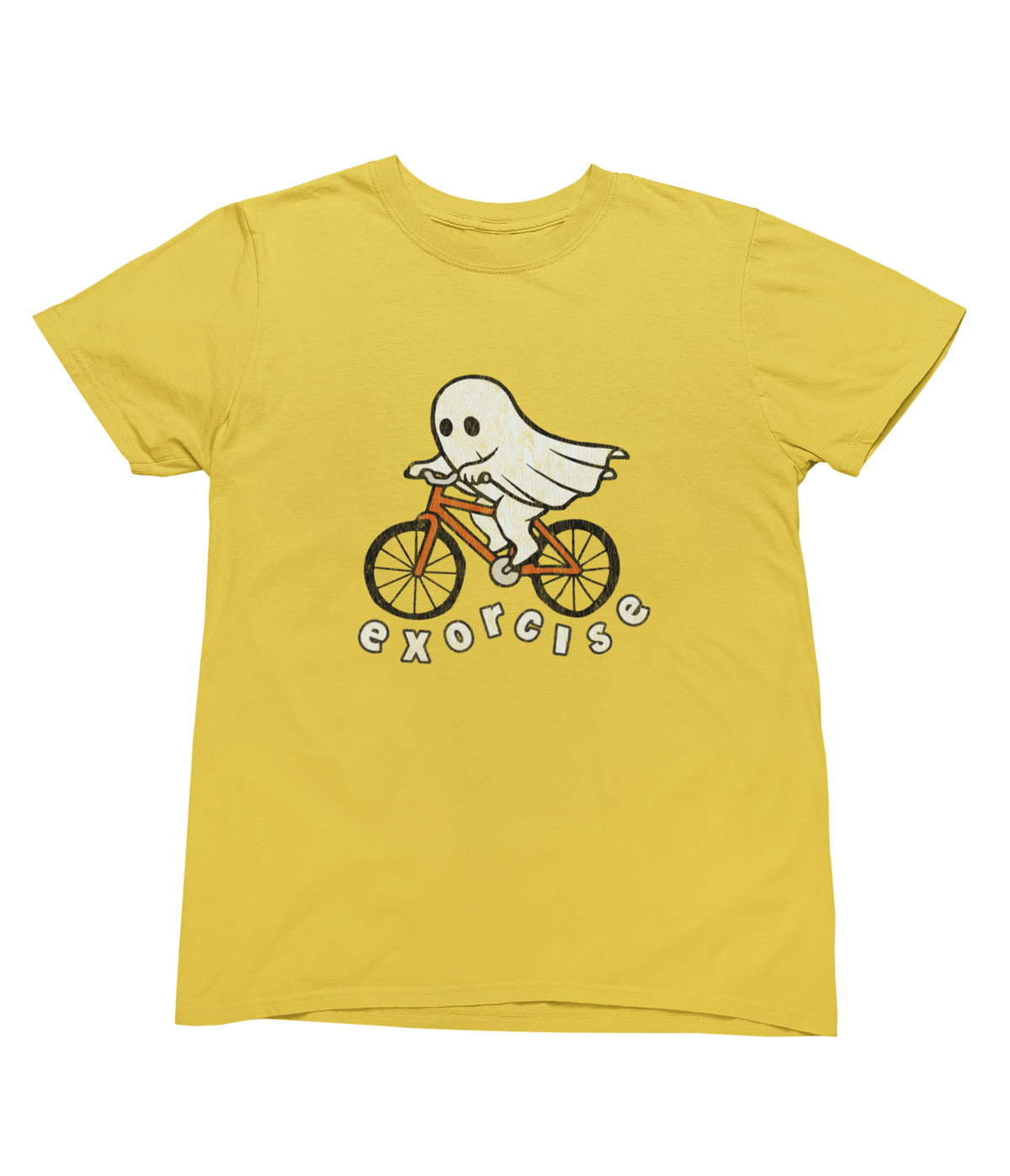 A yellow short-sleeve crewneck t-shirt featuring a cartoon graphic of a white ghost riding an orange bicycle with the word &
