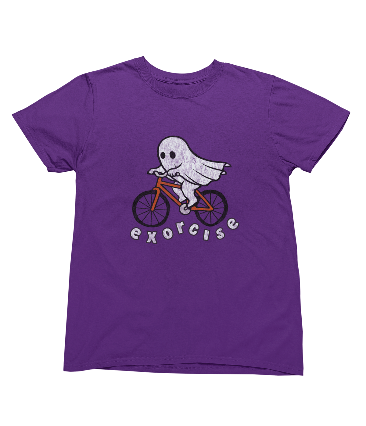 A purple short sleeve toddler t-shirt with a graphic of a white ghost riding an orange bike for Halloween with the phrase Exorcise.