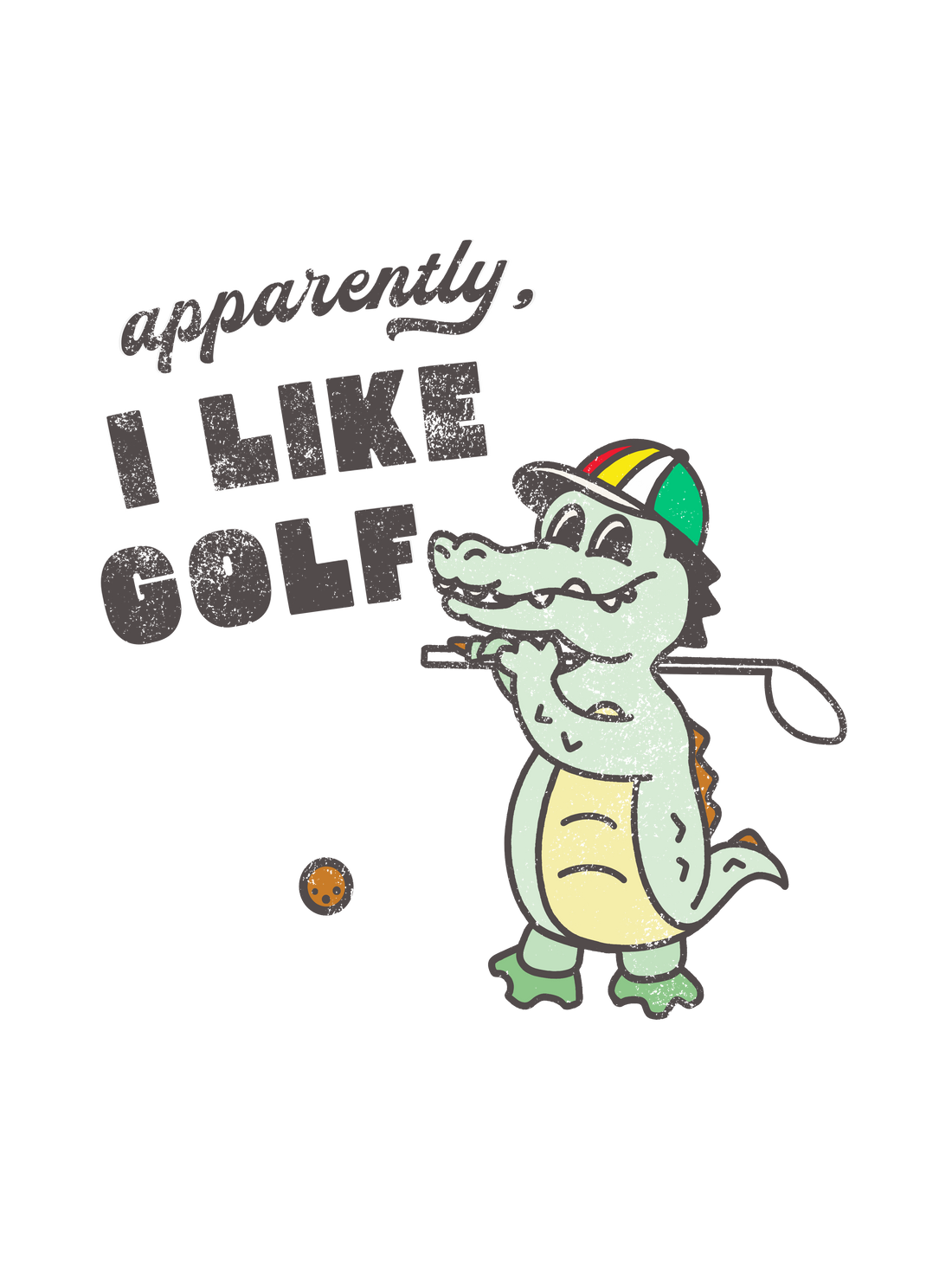 A cartoon alligator wearing a green, yellow, and red striped golf cap, holding a golf club, with the text &