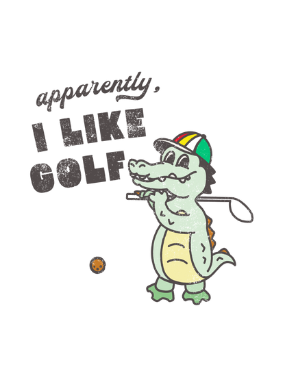 A cartoon alligator wearing a green, yellow, and red striped golf cap, holding a golf club, with the text &