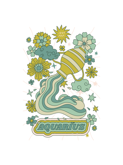 A tarot graphic of an Aquarius zodiac sign surrounded by flowers.