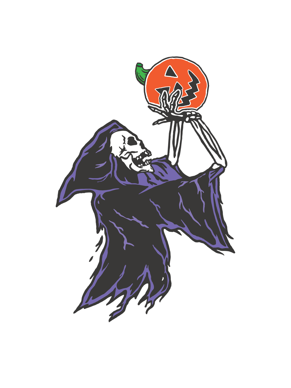 A Halloween graphic of a skeleton grim reaper playing basketball with a jack-o&