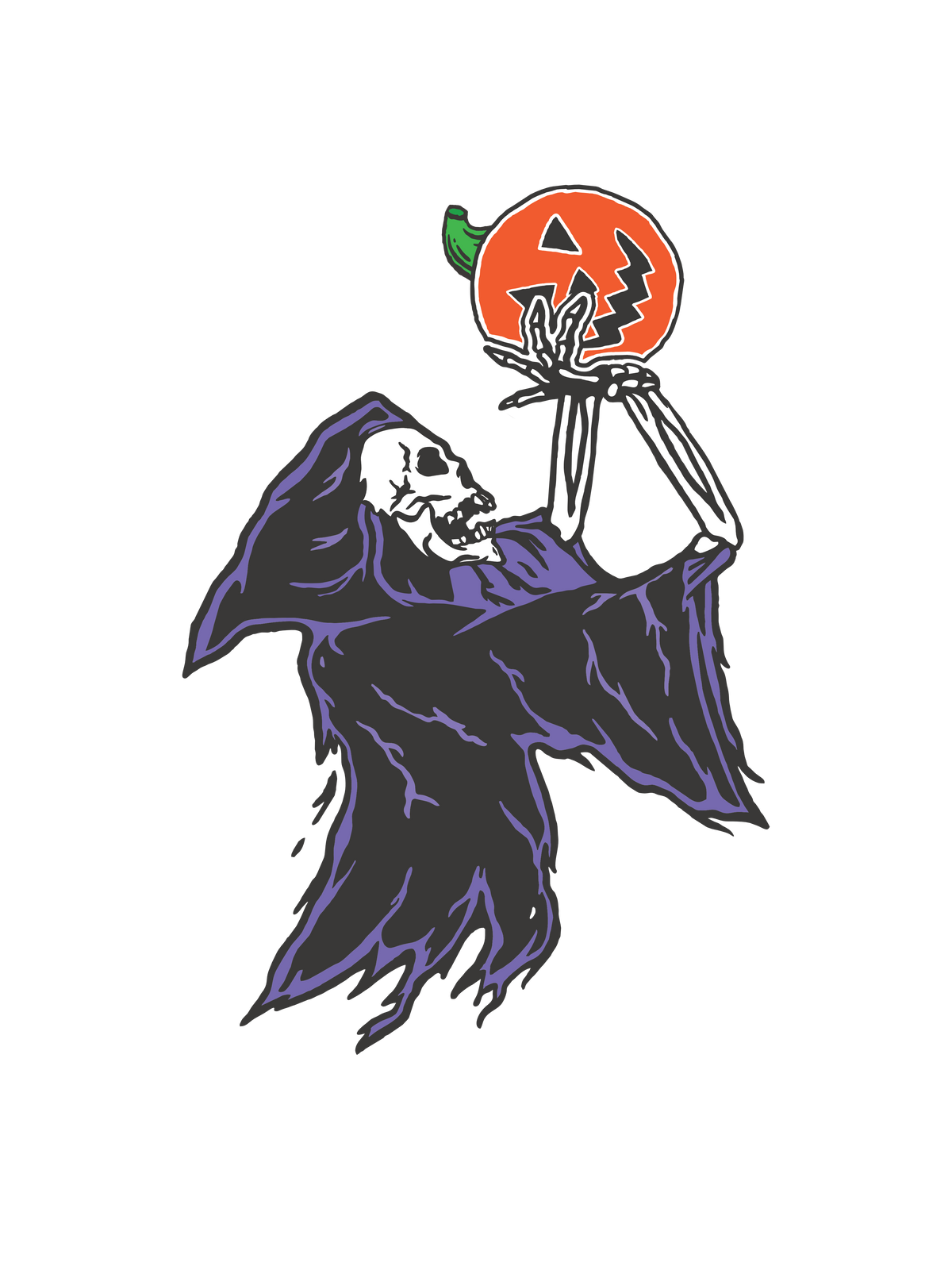 A Halloween graphic of a skeleton grim reaper playing basketball with a jack-o&