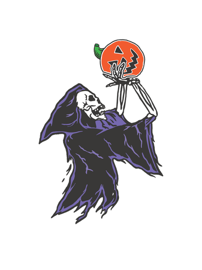 A Halloween graphic of a skeleton grim reaper playing basketball with a jack-o&