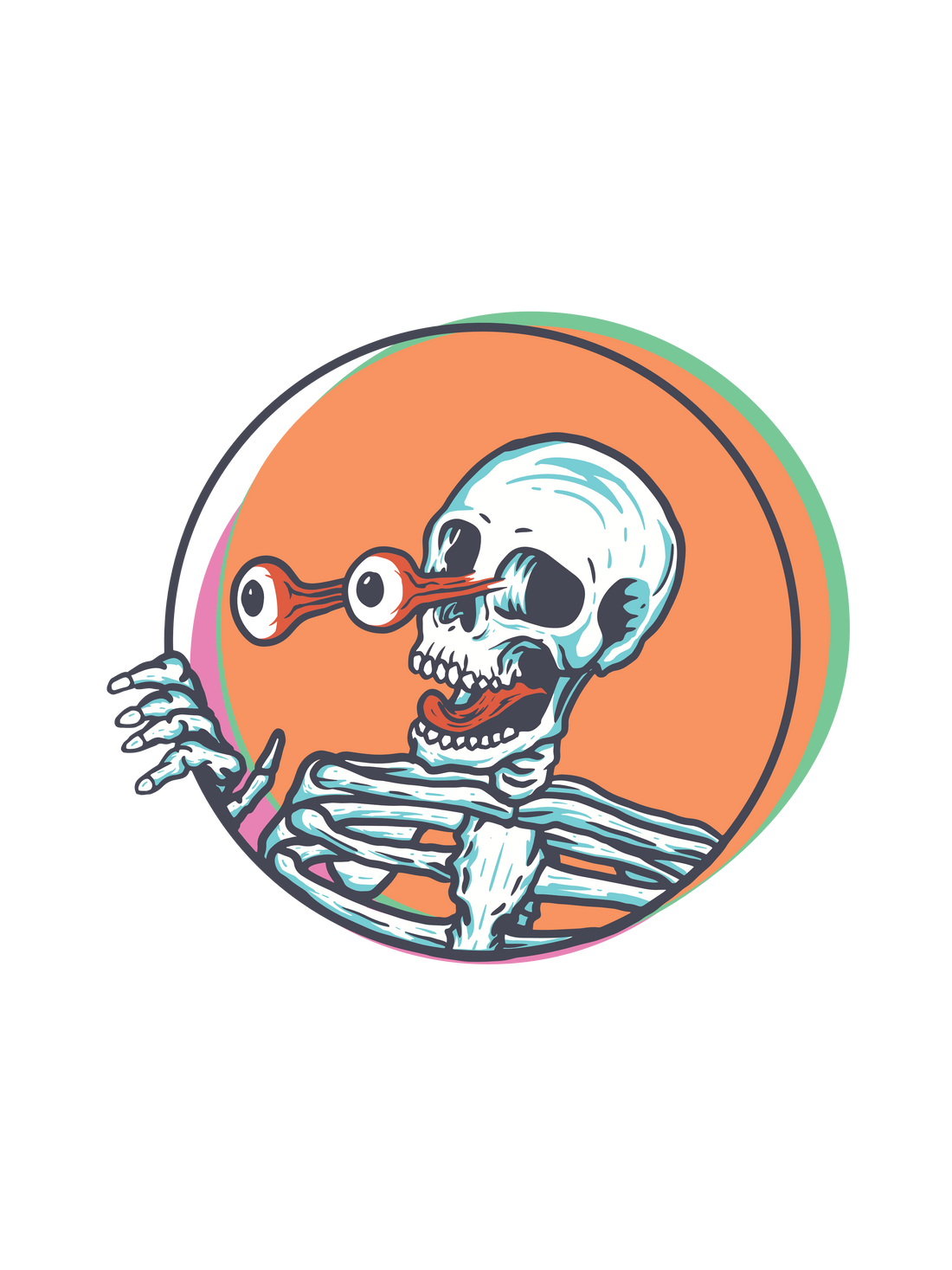 A Halloween cartoon skeleton graphic inside an orange circle on the chest, shown against a plain white background.