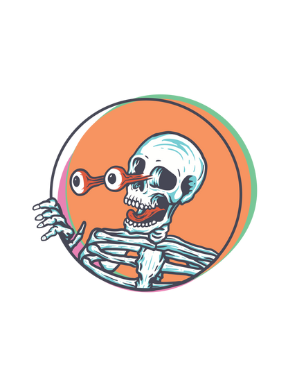 A Halloween cartoon skeleton graphic inside an orange circle on the chest, shown against a plain white background.