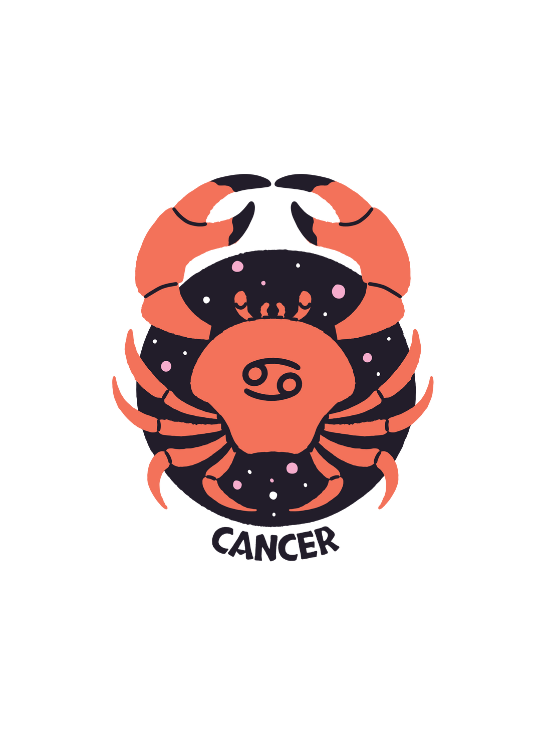 A graphic of a Cancer zodiac sign in orange and black, with the word &