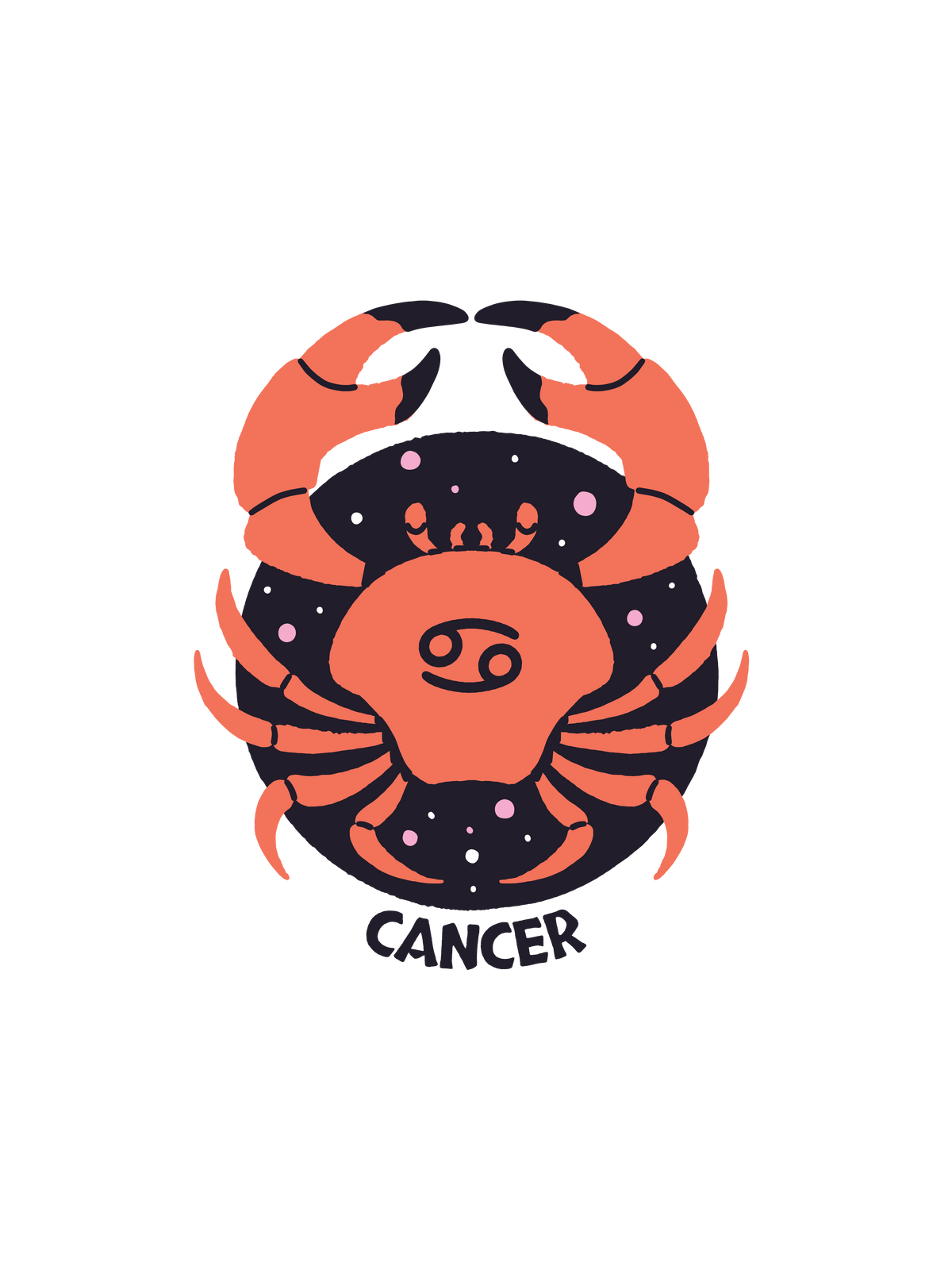 A graphic of a Cancer zodiac sign in orange and black, with the word &