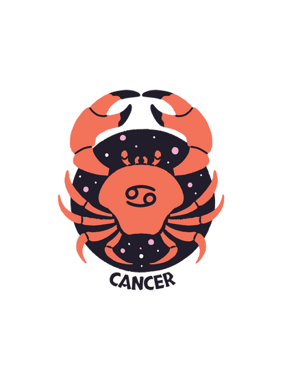 A graphic of a Cancer zodiac sign in orange and black, with the word &