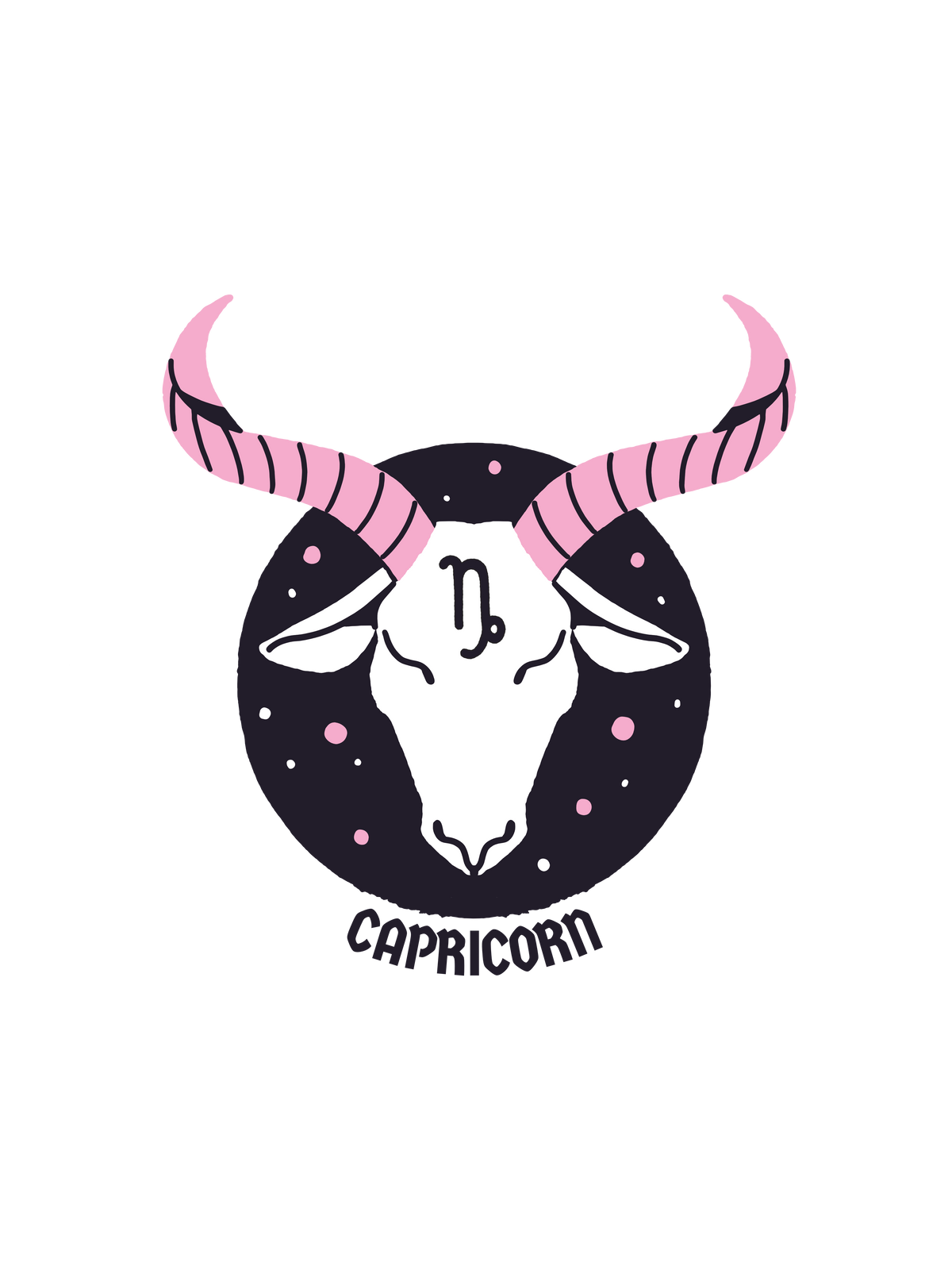 A graphic of a Capricorn zodiac sign showing a white goat head with pink striped horns inside a black circle with stars, and the word &