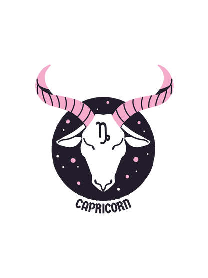 A graphic of a Capricorn zodiac sign showing a white goat head with pink striped horns inside a black circle with stars, and the word &