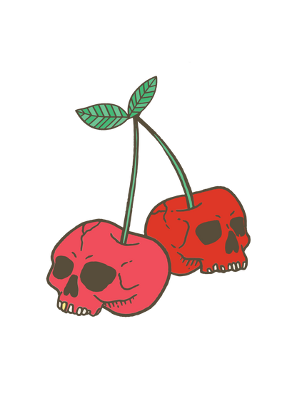A graphic featuring two cherries shaped like skulls for Halloween.