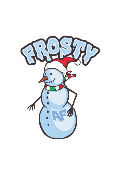 A Christmas cartoon snowman wearing a Santa hat and the word &
