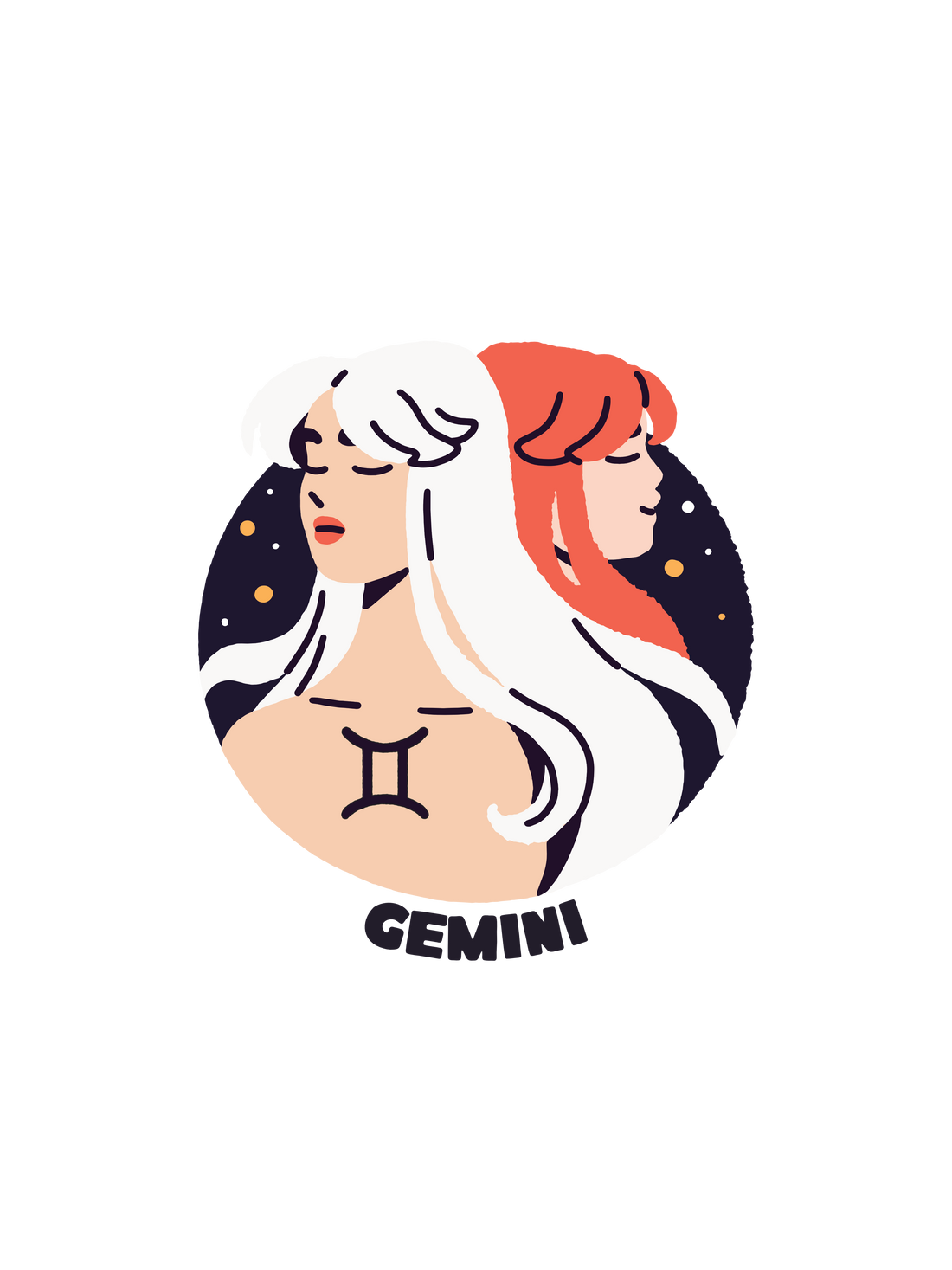 A circular Gemini zodiac graphic featuring a blonde and redhead twin in a starry background.