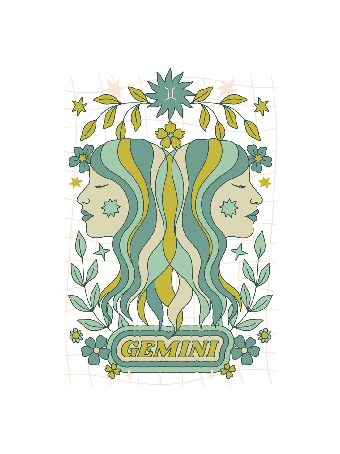 A colorful retro-style Gemini zodiac graphic on the chest, inspired by tarot card magic.