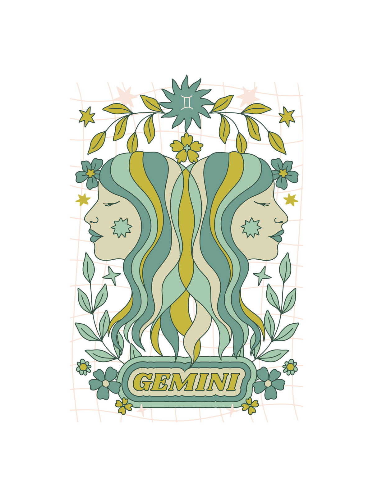 A colorful retro-style Gemini zodiac graphic on the chest, inspired by tarot card magic.