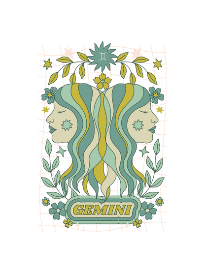 A colorful retro-style Gemini zodiac graphic on the chest, inspired by tarot card magic.