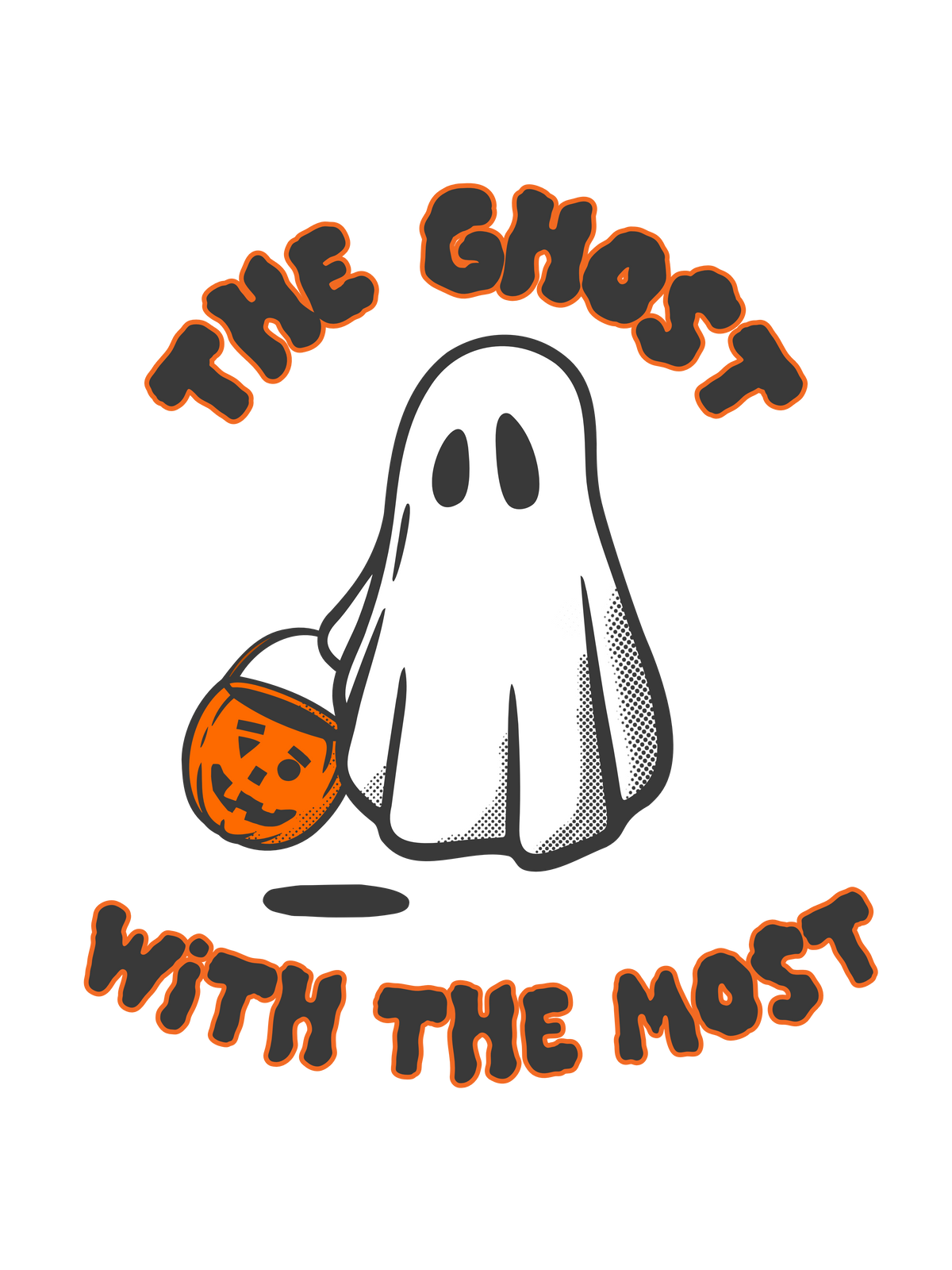 A Halloween graphic of a white ghost holding an orange pumpkin, with the text &