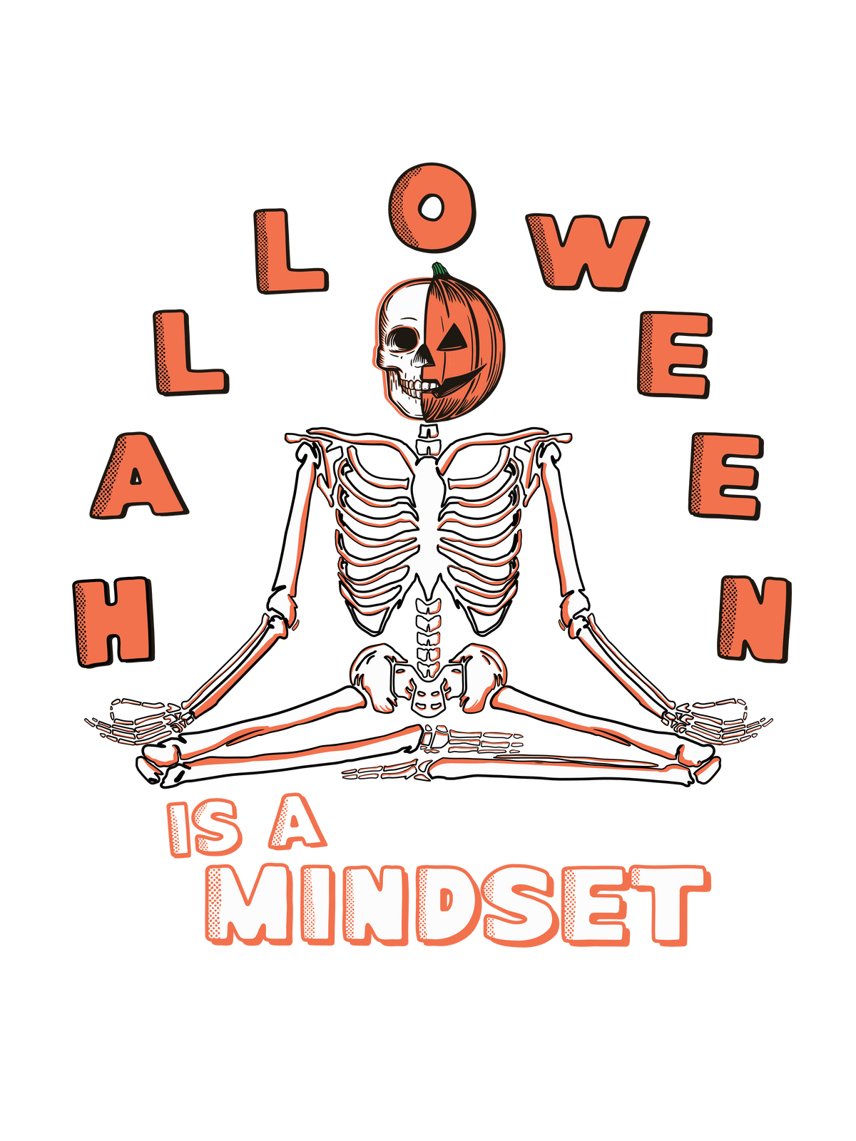 A Halloween-themed graphic of a meditating skeleton with a jack-o&