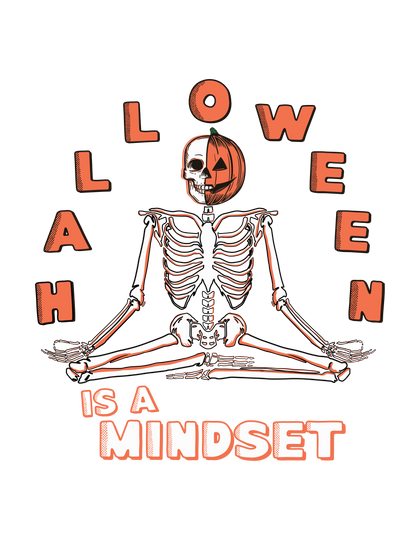 A Halloween-themed graphic of a meditating skeleton with a jack-o&
