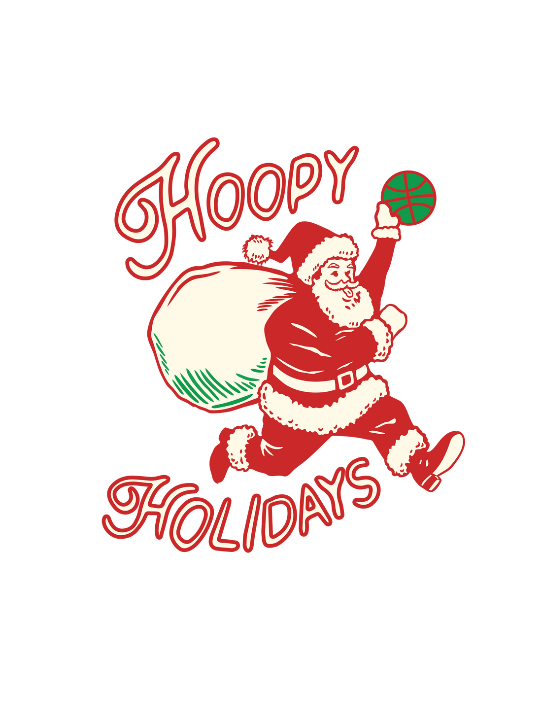 A vintage-style graphic of Santa Claus dunking a basketball with the text &
