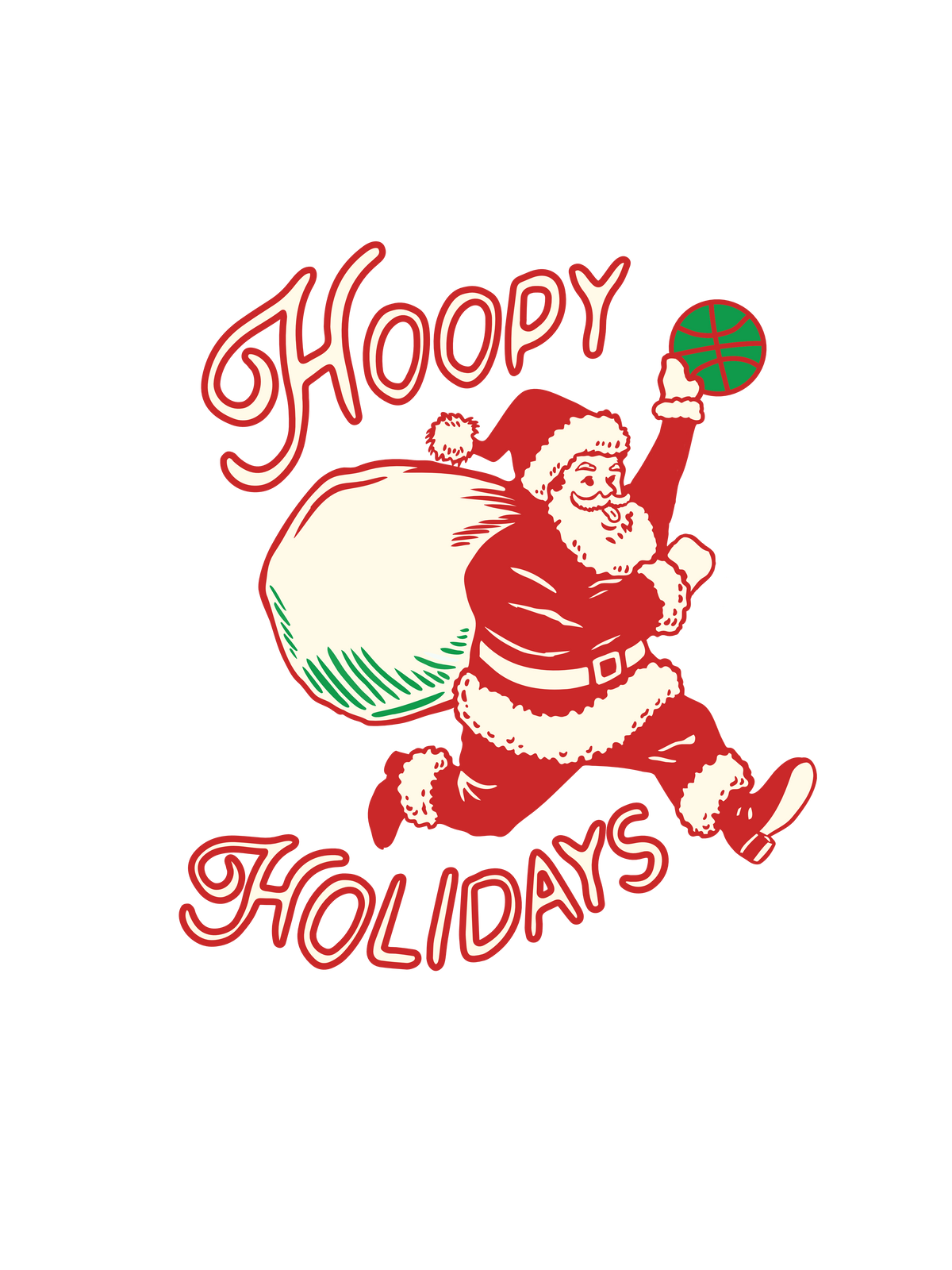 A vintage-style graphic of Santa Claus dunking a basketball with the text &