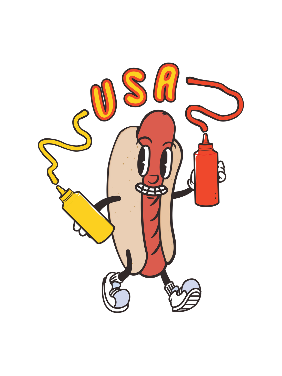 A 4th of July graphic featuring a hot dog holding a yellow mustard bottle and a red ketchup bottle, with the word &