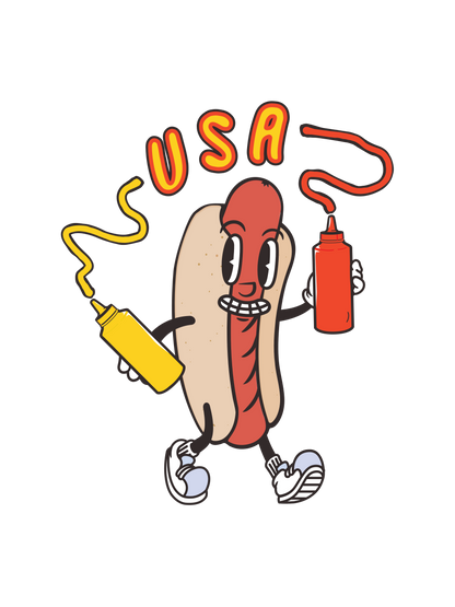 A 4th of July graphic featuring a hot dog holding a yellow mustard bottle and a red ketchup bottle, with the word &