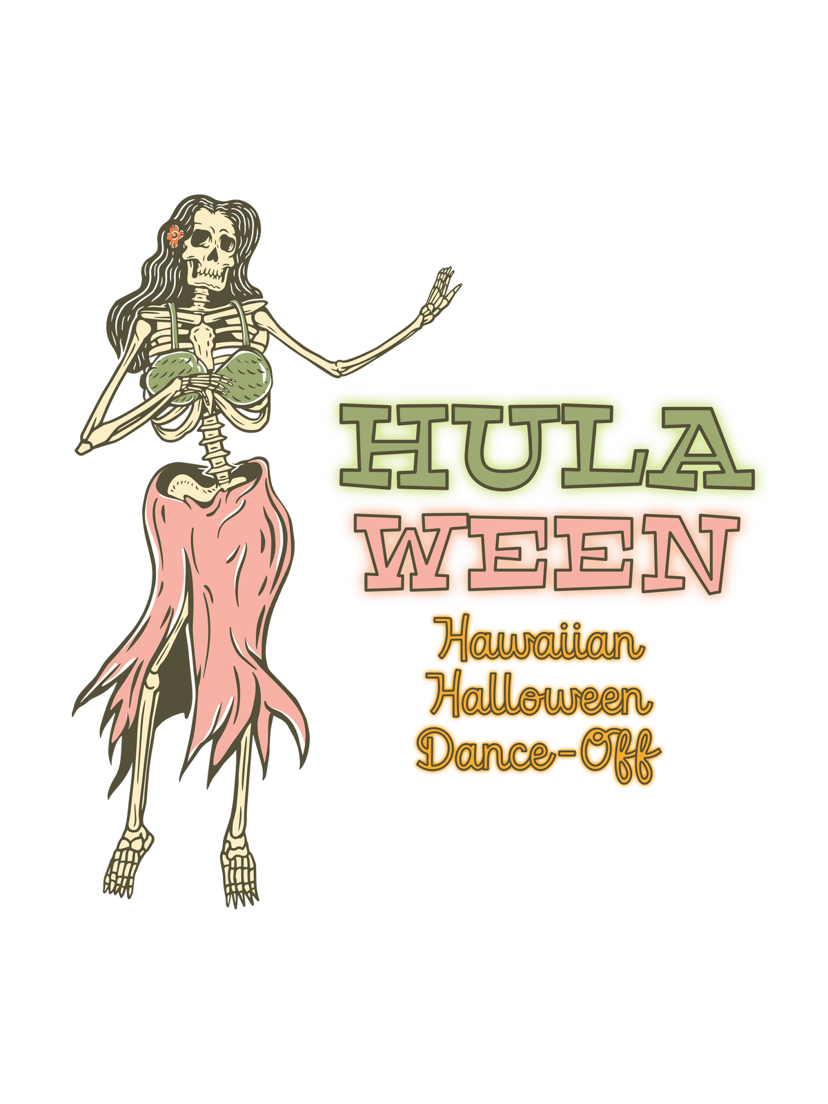 A graphic of a skeleton hula dancer with the text &