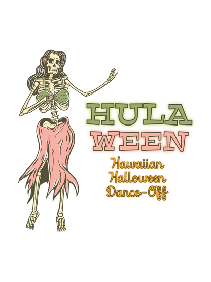 A graphic of a skeleton hula dancer with the text &