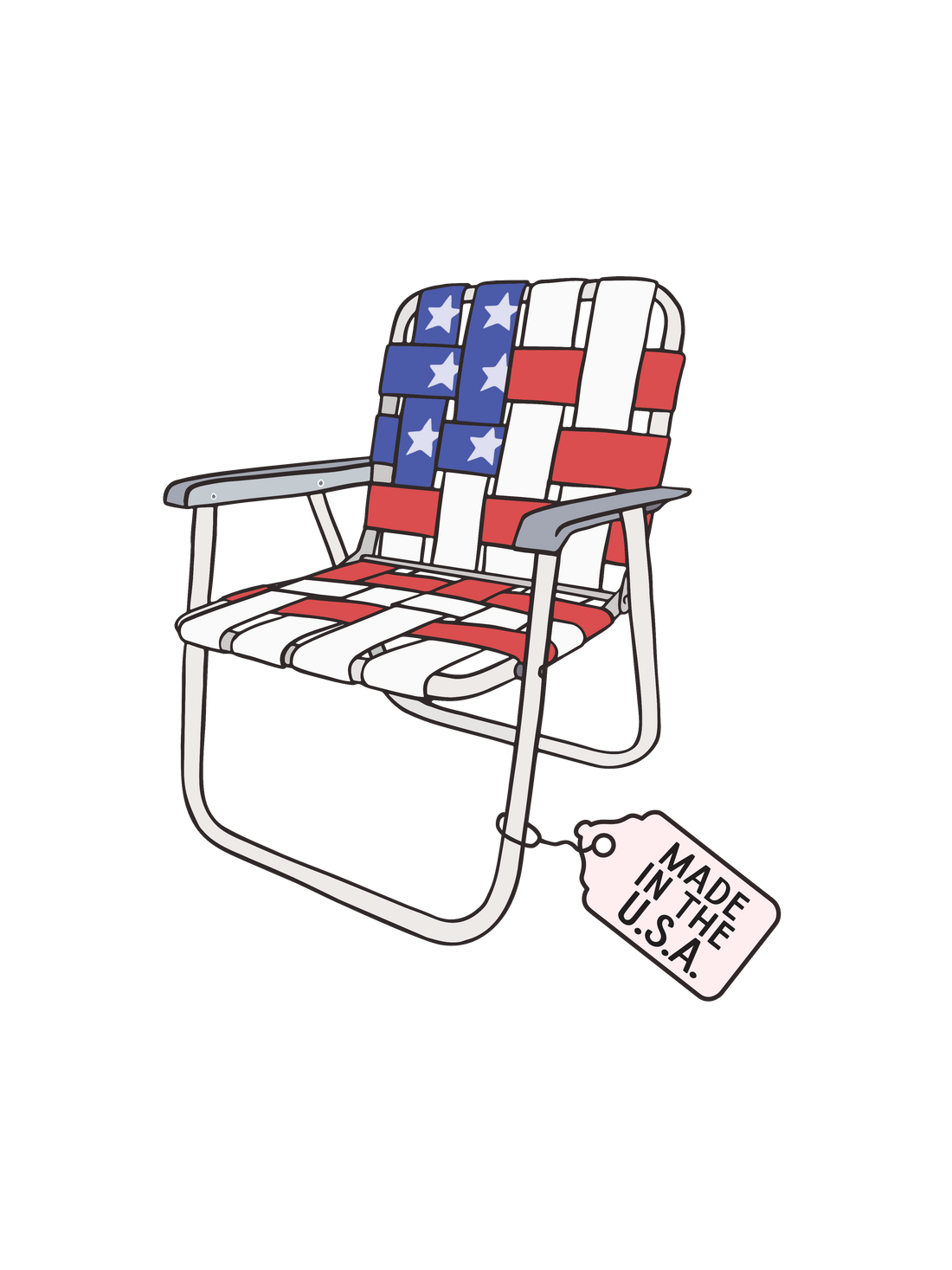 A graphic of a retro lawn chair with an American flag pattern and a tag that reads &