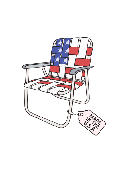A graphic of a retro lawn chair with an American flag pattern and a tag that reads &