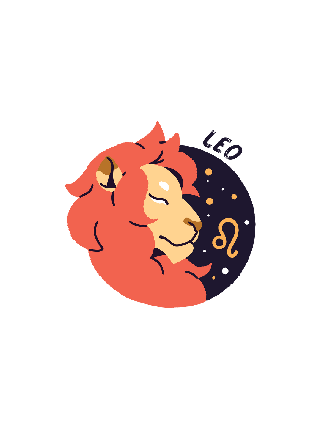 A graphic of a Leo astrology sign, featuring an orange lion face against gold stars and the word &
