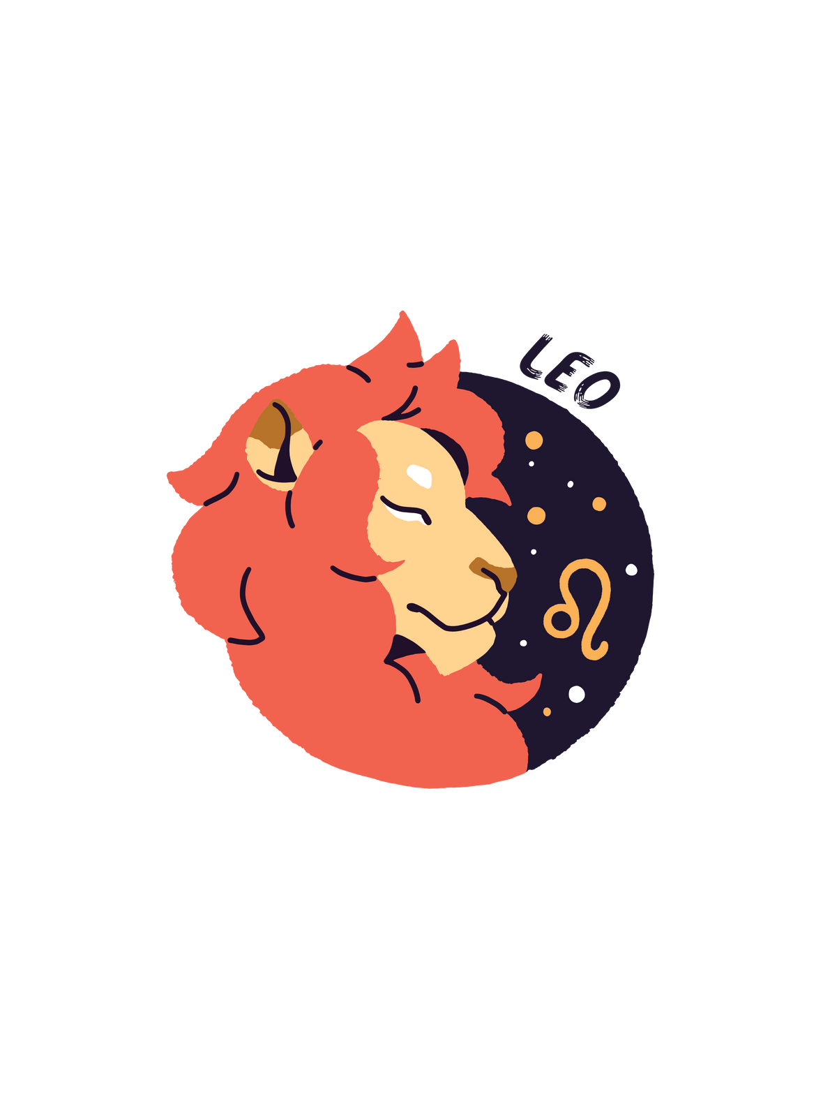 A graphic of a Leo astrology sign, featuring an orange lion face against gold stars and the word &