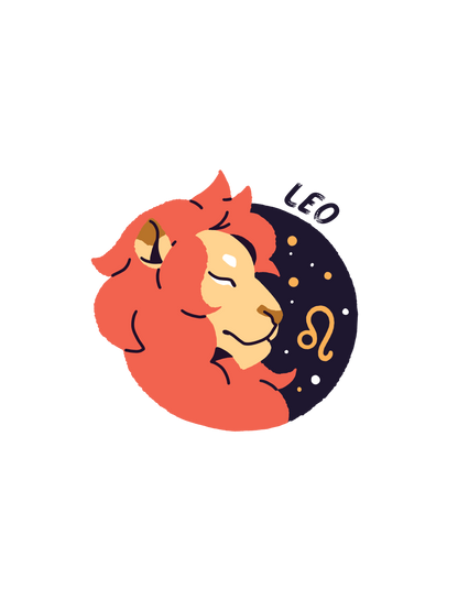 A graphic of a Leo astrology sign, featuring an orange lion face against gold stars and the word &